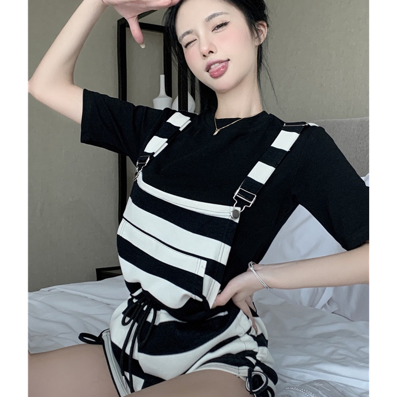 Jumpsuit Dây Rút Kẻ Sọc Dáng Rộng Tay Ngắn Thời Trang Mùa Hè Cho Nữ