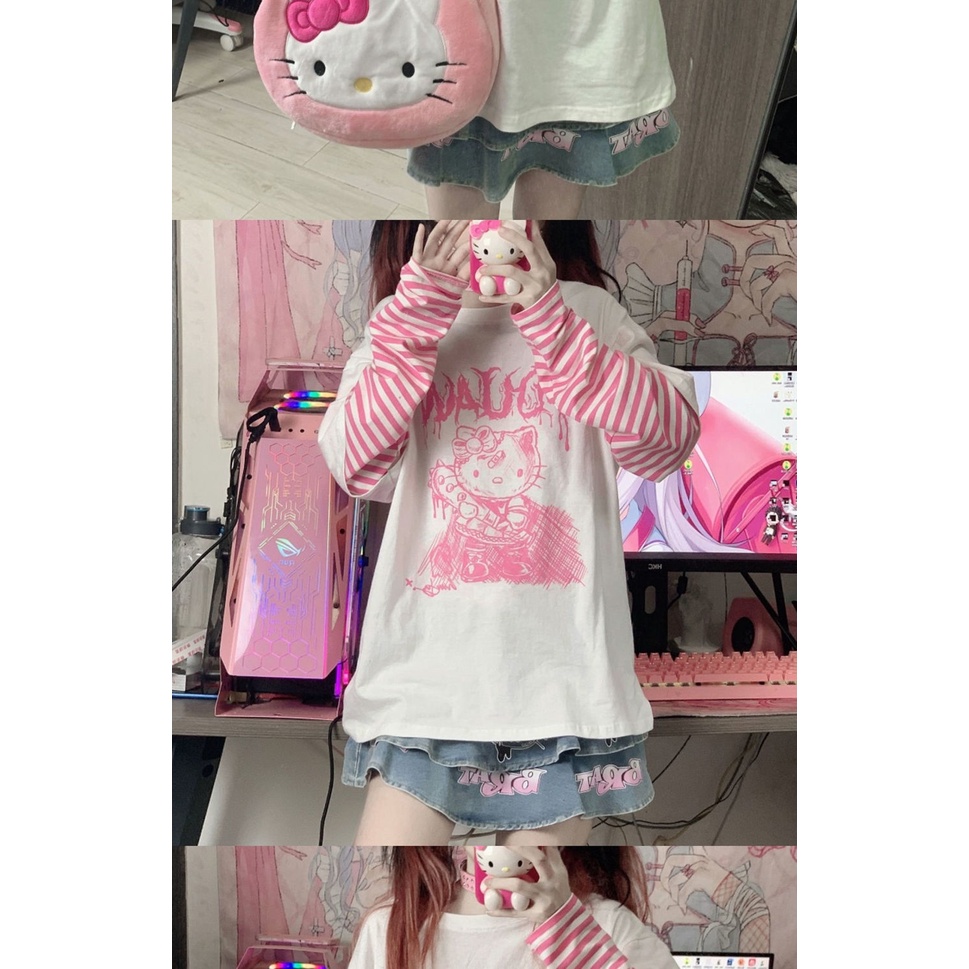 Áo Thun Tay Dài Dáng Rộng Mềm Mại Giả Hai Lớp In Hình Hello Kitty Phong Cách Nhật Bản Dễ Thương Thời Trang Cho Nữ 2021