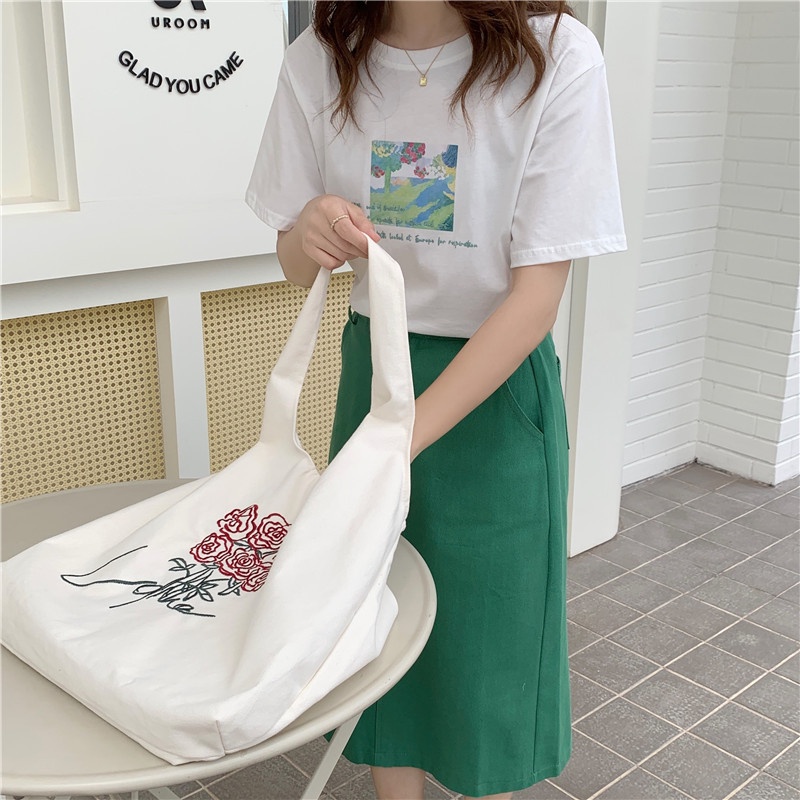 Túi Vải Canvas Thêu Hoa Hồng Thời Trang 2021 Dành Cho Nữ