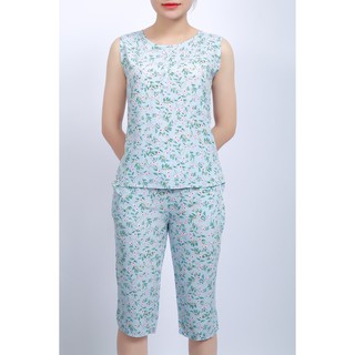 Bộ mặc nhà lanh (tole) Vicci BN096.10 quần lửng áo sát nách, họa tiết hoa nhí dây nền xanh nhạt