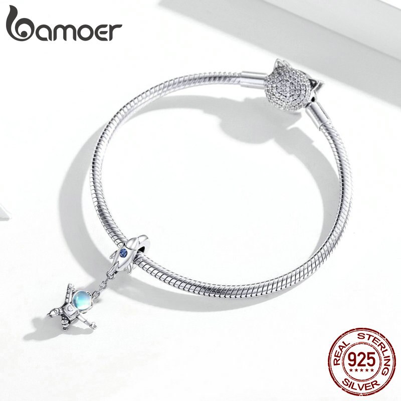 Mặt trang sức bamoer SCC1695 hình tàu vũ trụ &amp; phi hành gia bằng bạc thật 925 làm vòng tay DIY sành điệu