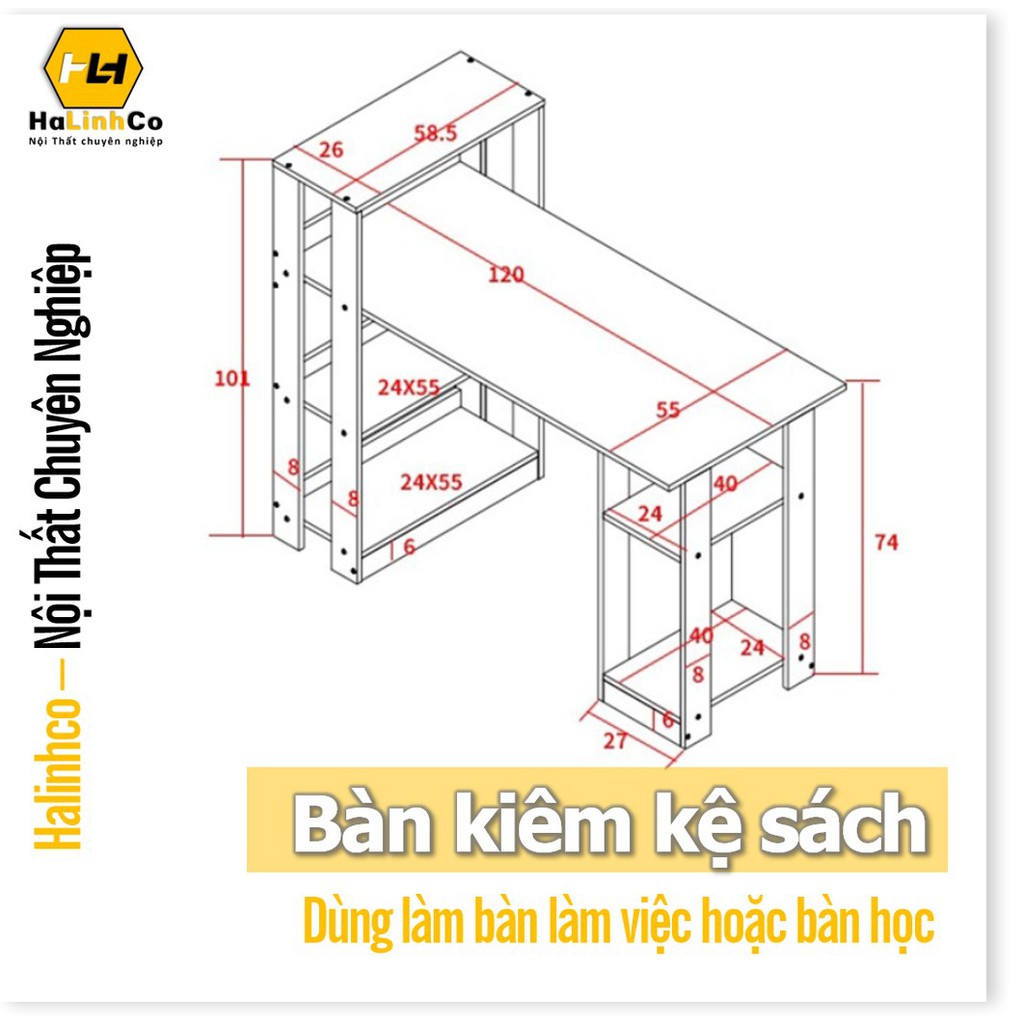 Halinhco  Bàn làm việc bàn học kèm kệ sách thông minh dạng lắp ghép tiện lợi (đổi trả thoải mái)