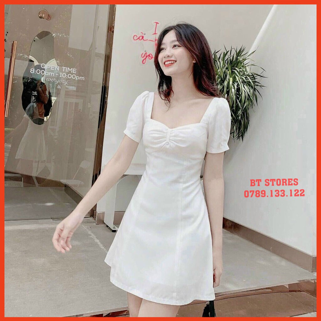 Đầm cổ vuông dáng xòe, ngực phối nơ nhẹ nhàng, có sẵn lót Turan (BT027)