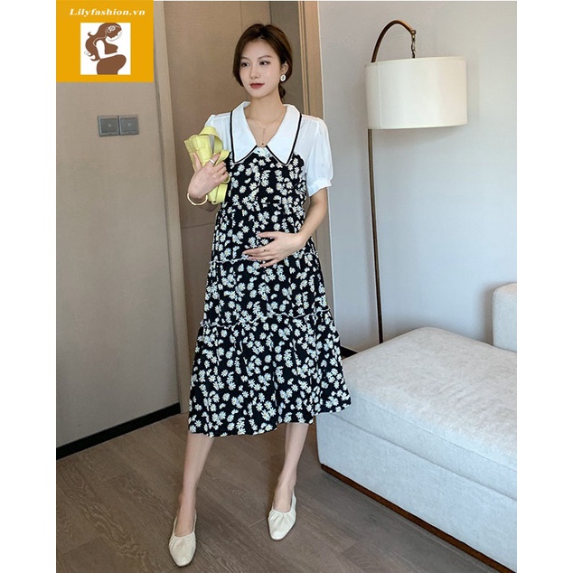 Váy đầm bầu sơ mi phối hoa nhí thiết kế cho mẹ bầu công sở, dự tiệc lịch sự trẻ trung mới mùa hè thoáng mát