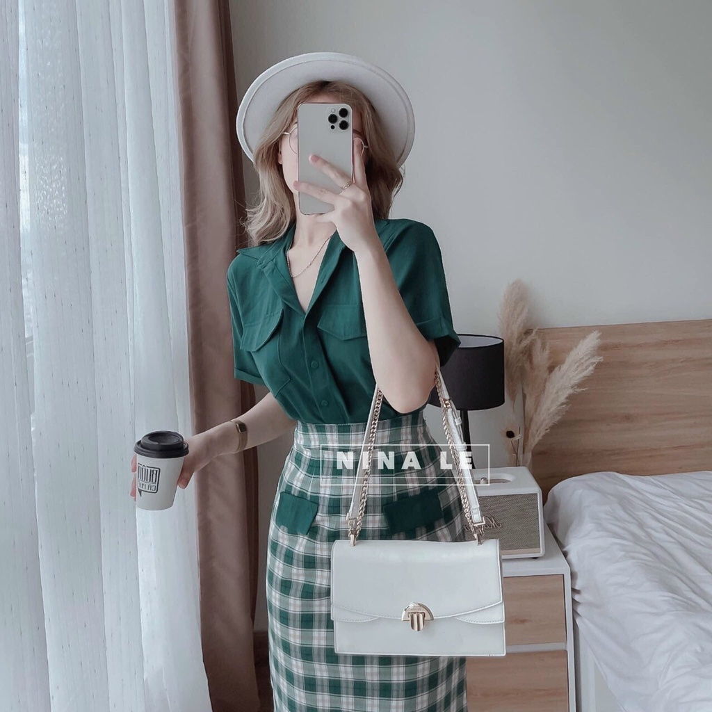 Set váy 2 món áo sơ mi form rộng ngắn tay có khuy kèm chân váy ôm body có túi, chất vải umi cao cấp