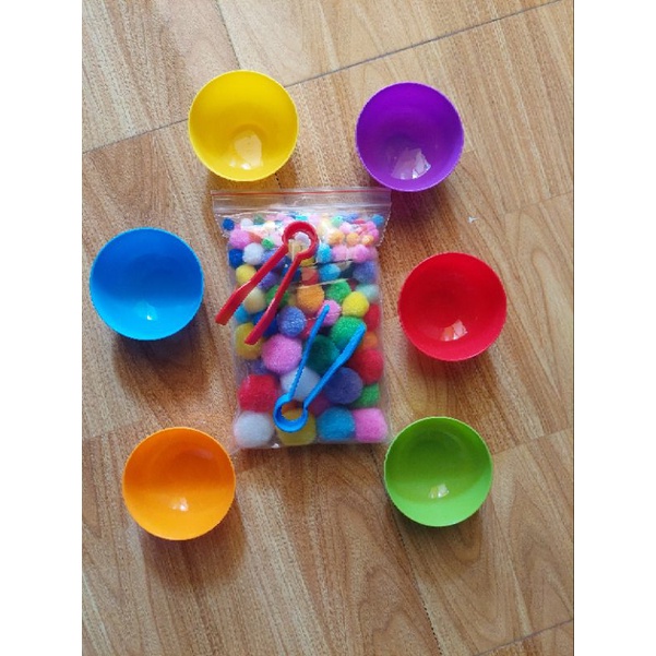 Combo sét bát màu và túi 100 hạt pompom đủ cỡ