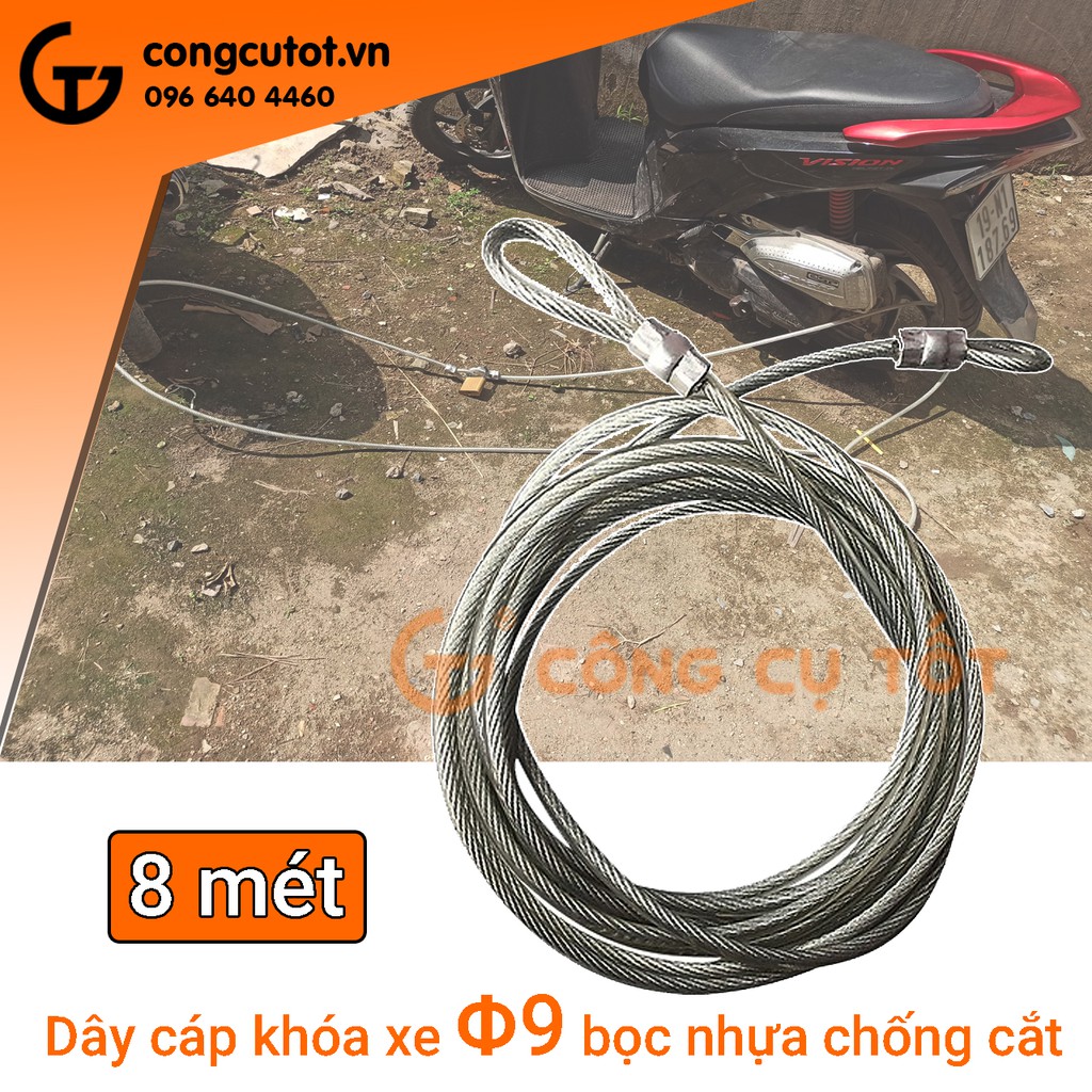 Dây cáp khóa xe máy lõi Φ9 ly chống cắt bọc nhựa dài 8m