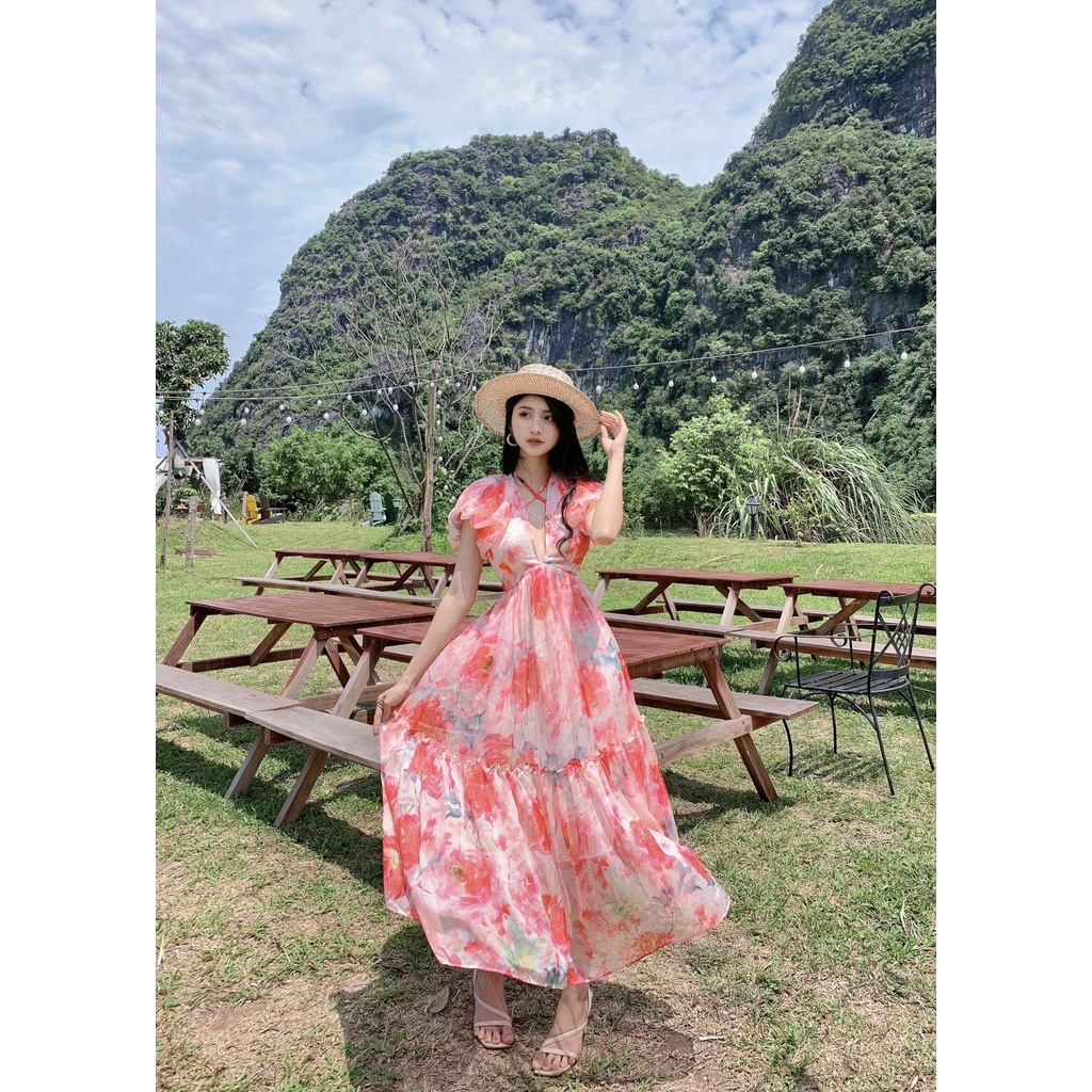 Đầm maxi dài vai bèo cổ V váy nữ vải tơ hoạ tiết hoa hồng sang chảnh mặc đi chơi du lịch biển nghỉ mát resort dự tiệc