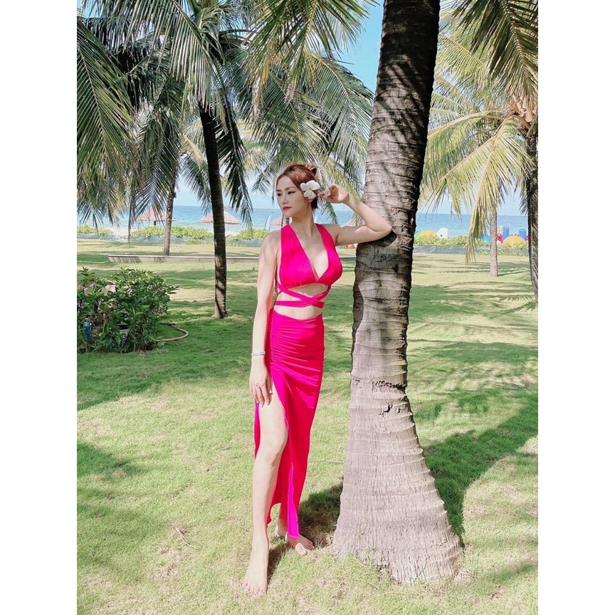 SET 3 MÓN BIKINI, ĐỒ BƠI ĐI BIỂN ÁO 2 VẠT DÂY DÀI QUẦN CHIP KÈM QUÂY RÚT DÂY SEXY HOT BM-114