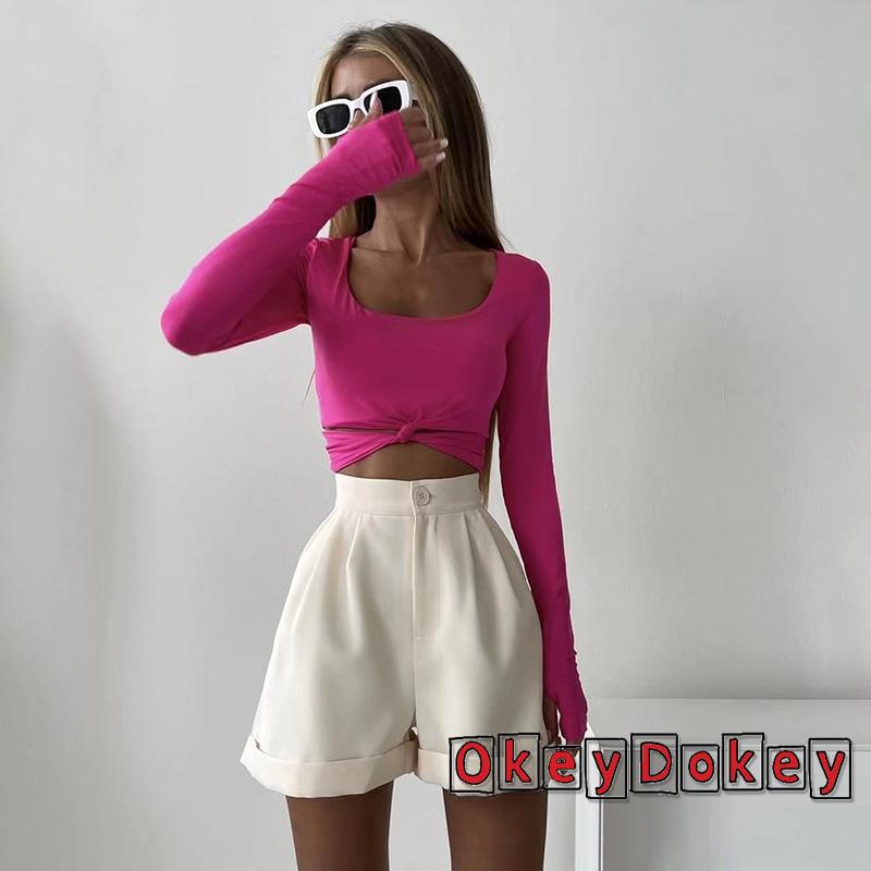 Áo Crop Top Cổ Vuông Tay Dài Màu Trơn Thiết Kế Xoắn Độc Đáo Thời Trang Cho Nữ