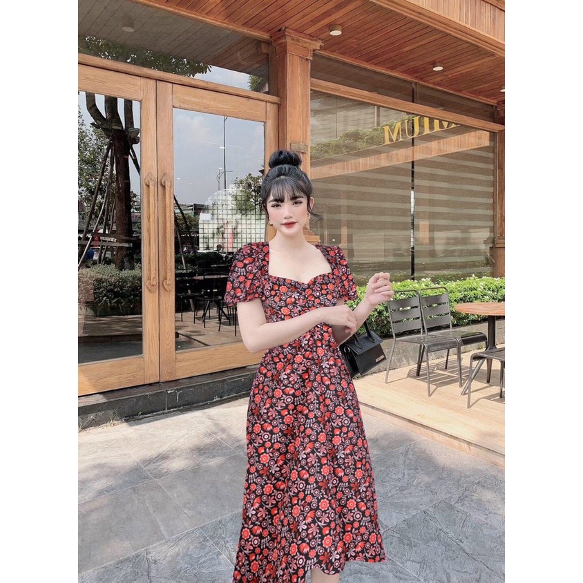 Đầm midi hoa đỏ tay búp dáng dài, đầm hoa cổ vuông xòe màu sắc thanh lịch, nhã nhặn đi chơi dễ thương