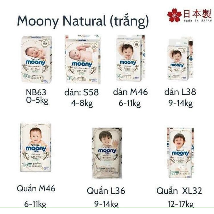 Tã bỉm Moony Natural nội địa Nhật dán quần đủ size NB63/S58/M46/L36/XL32