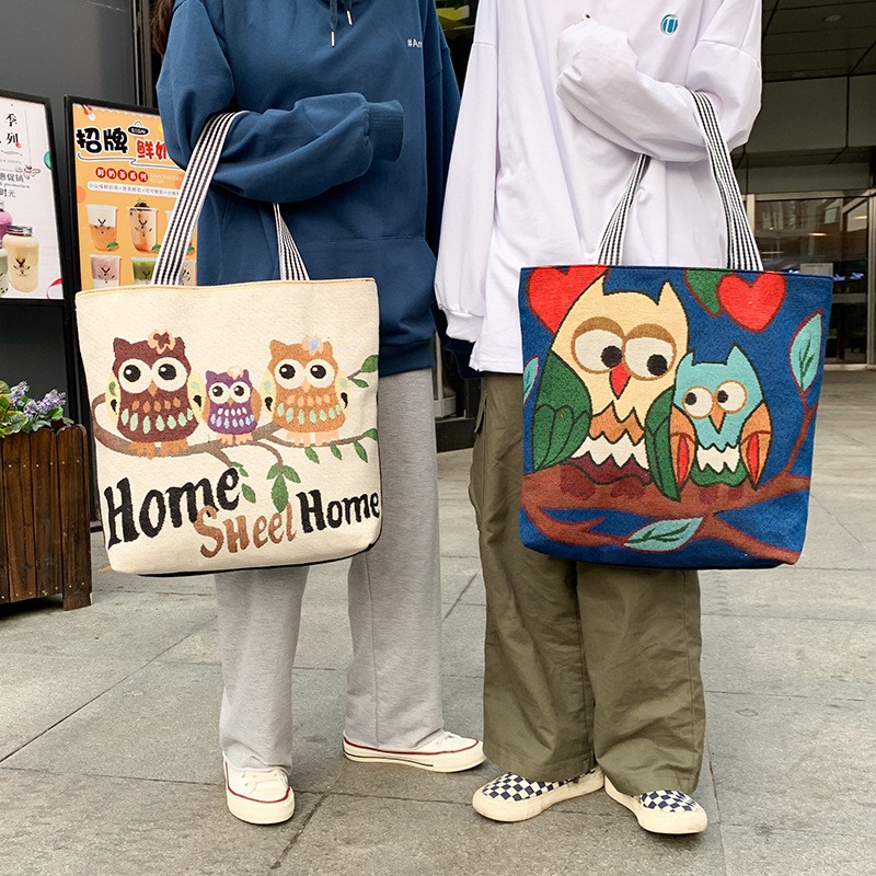 Túi Tote Đeo Chéo Thêu Chim Dễ Thương Phong Cách Ullzzang - Túi Vải Canvas Thời Trang Đeo Vai GN11