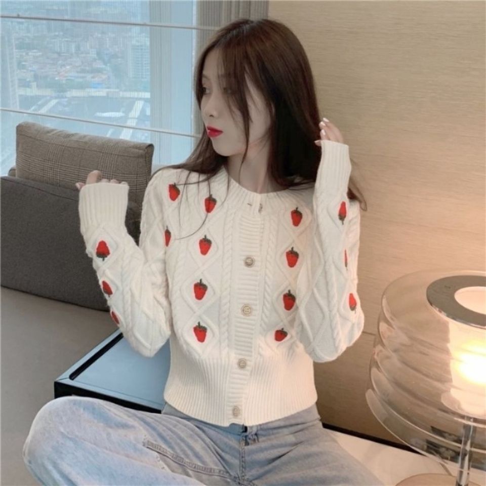 Áo khoác len cardigan tay dài thêu hình quả dâu tây thời trang cho nữ