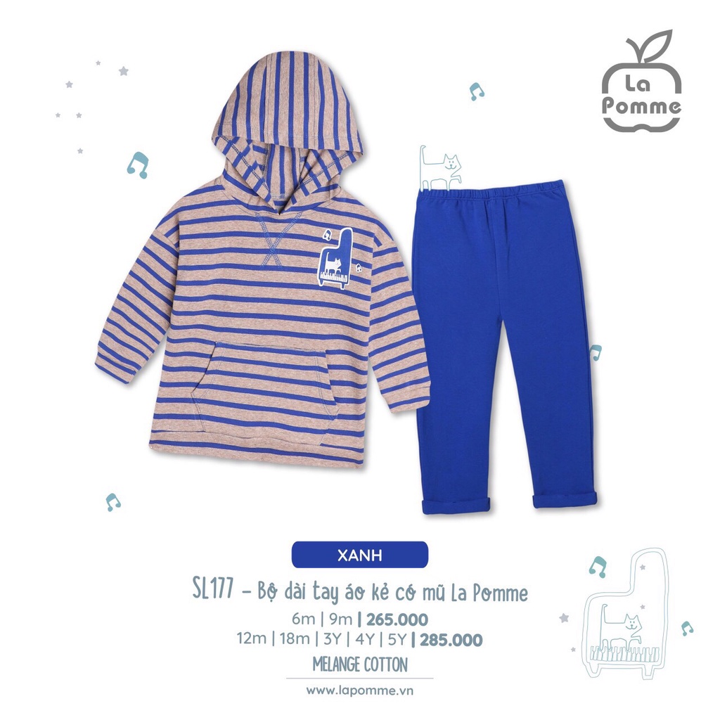 [CHÍNH HÃNG] Bộ dài tay áo dáng hoodie kẻ cotton mềm mại có mũ trẻ em La Pomme