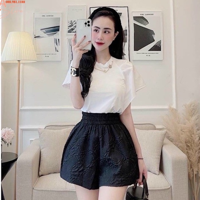 Quần đùi nữ mặc nhà cạp chun lưng cao dáng quần đùi xốp nữ phồng in hoa nổi kiểu quần short ống rộng đi biển học công sở