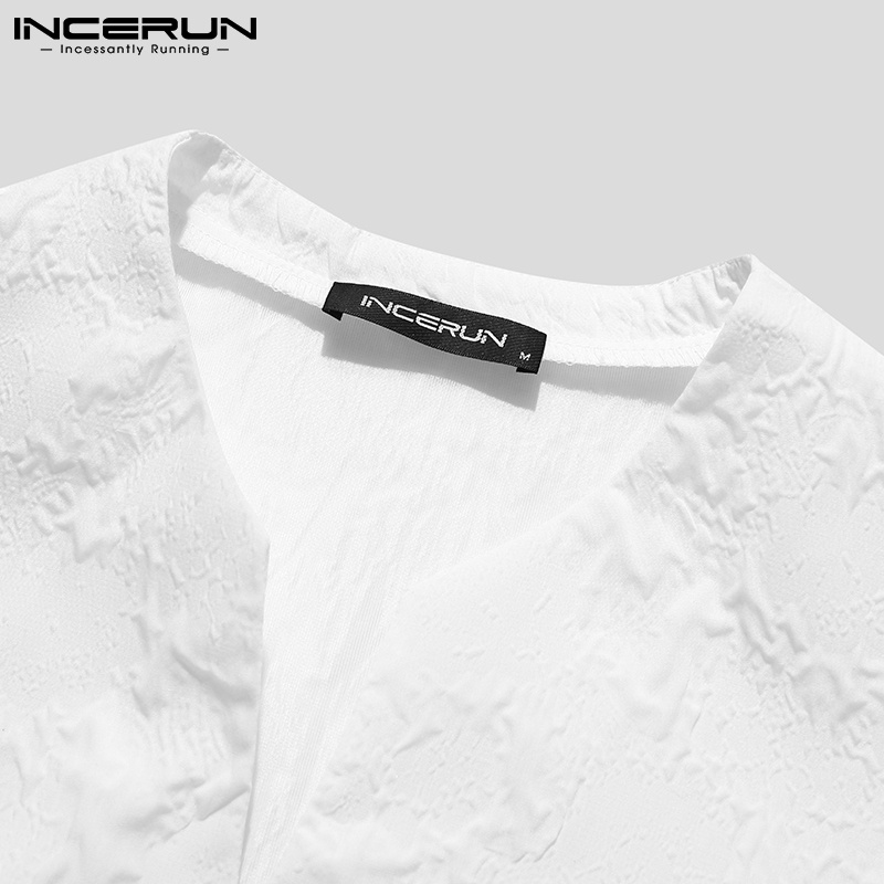 Áo INCERUN tay lỡ cổ chữ V dáng rộng in họa tiết dập nổi thời trang dành cho nam