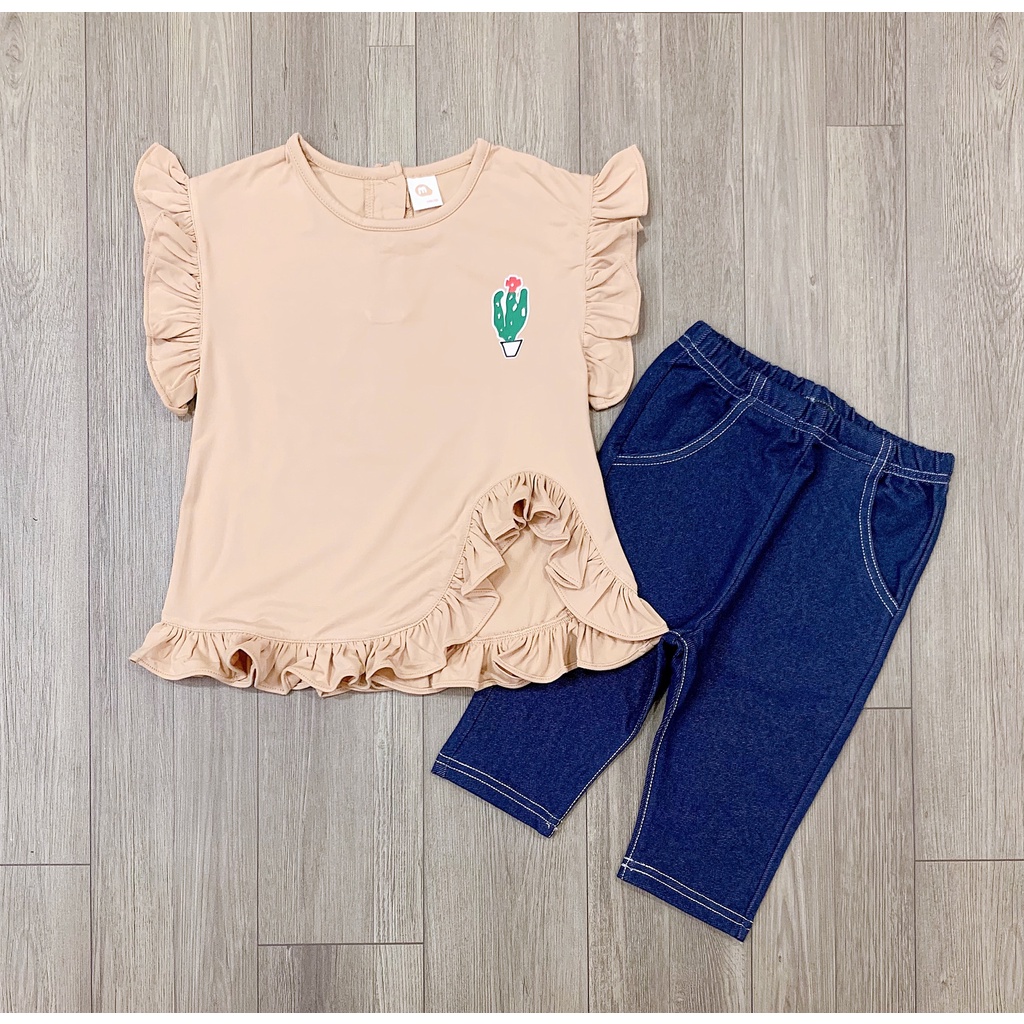 Bộ Milk Mile áo váy bèo kèm quần giả jean