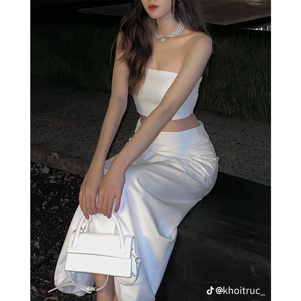 SET ÁO CROPTOP ỐNG CÚP NGỰC + CHÂN VÁY MIDI TRƠN TRẮNG ANGI HOME