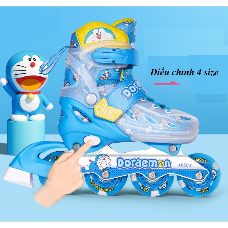 Giày Trượt Patin Trẻ Em Doremon kèm bảo hộ, giày patin 8 bánh cao su phát sáng