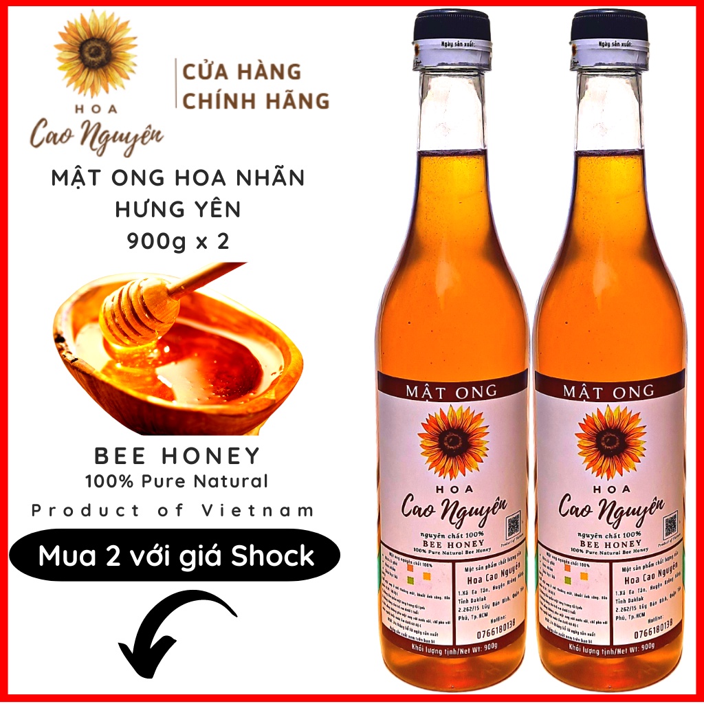 Mật ong nguyên chất hoa nhãn HOA CAO NGUYÊN 2 chai 900g - Đạt chuẩn xuất khẩu