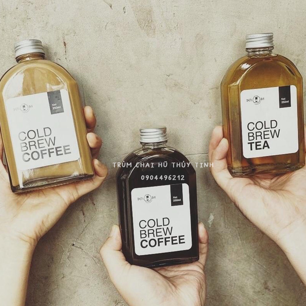 Chai thủy tinh dẹt vai vát nắp nhôm 250ml - Đựng cà phê, nước ép, cold brew,...