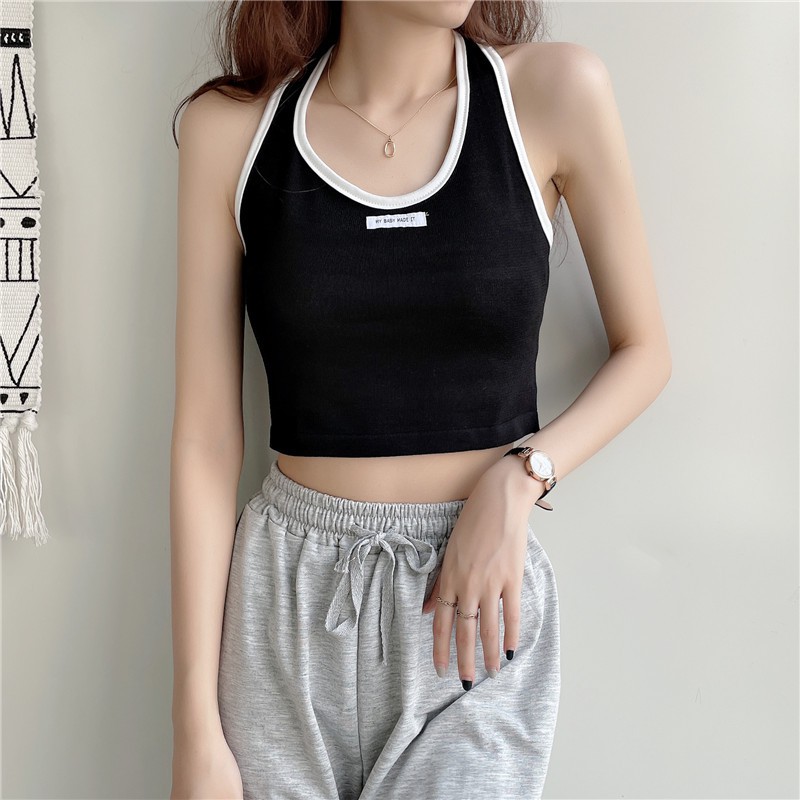 Áo croptop cổ yếm hở lưng phối viền đen trắng basic ôm body chất dệt kim cao cấp -ACN28