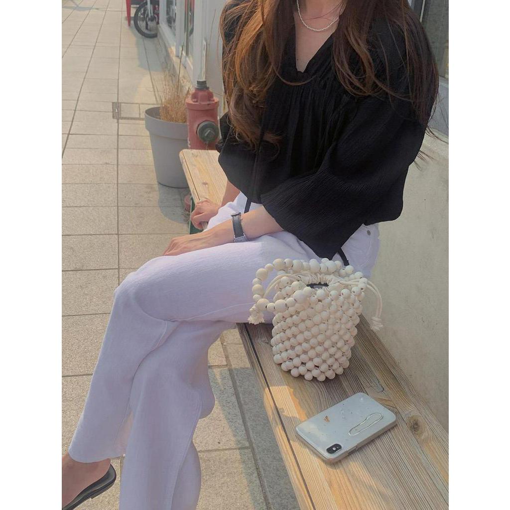 54420 Áo Sơ Mi Dài Tay Dáng Rộng Phối Dây Thắt Phong Cách Hàn Quốc Sành Điệu