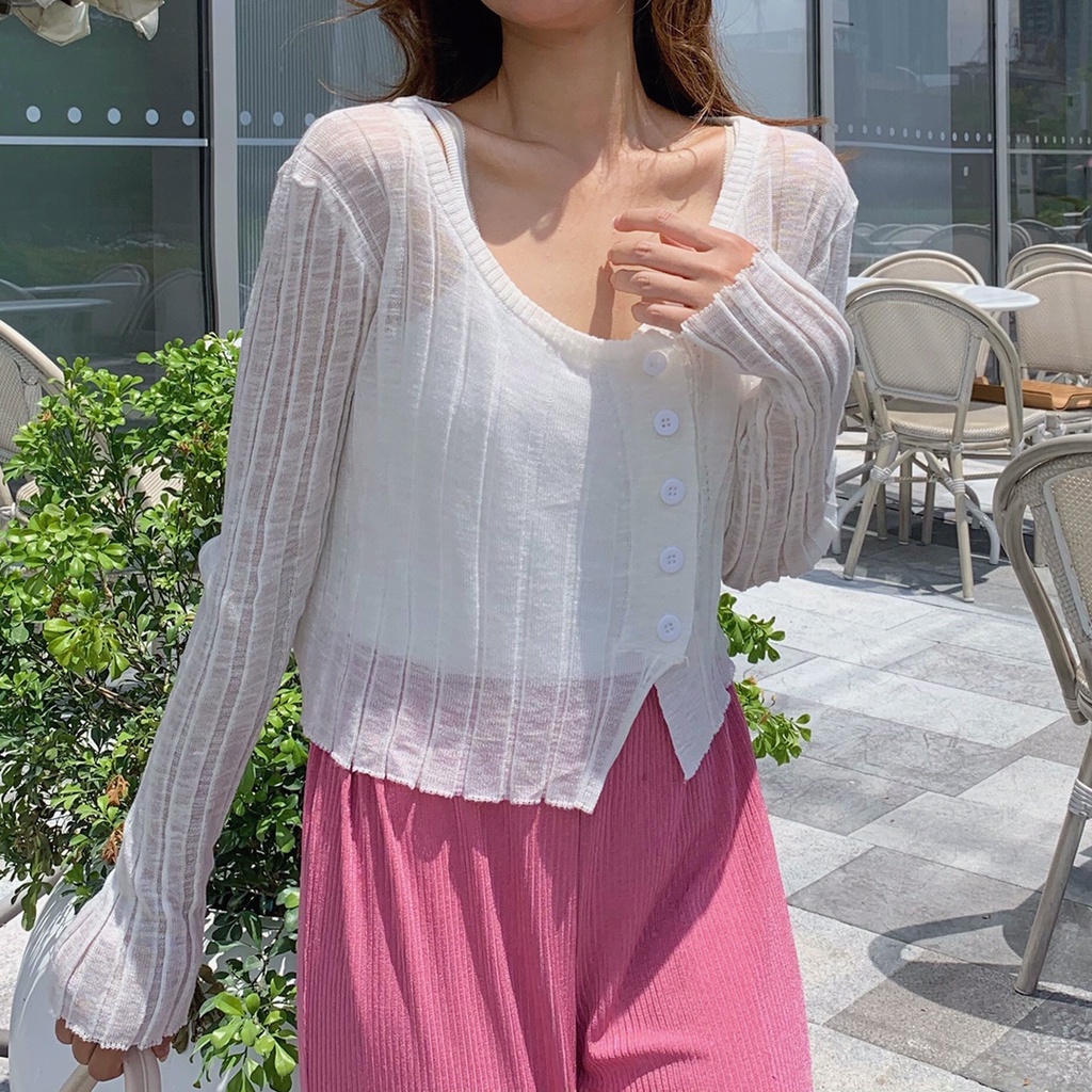 SUXI Áo Dệt Kim Mỏng Tay Dài Màu Trơn Chống Nắng Thời Trang Mùa Hè Cho Nữ