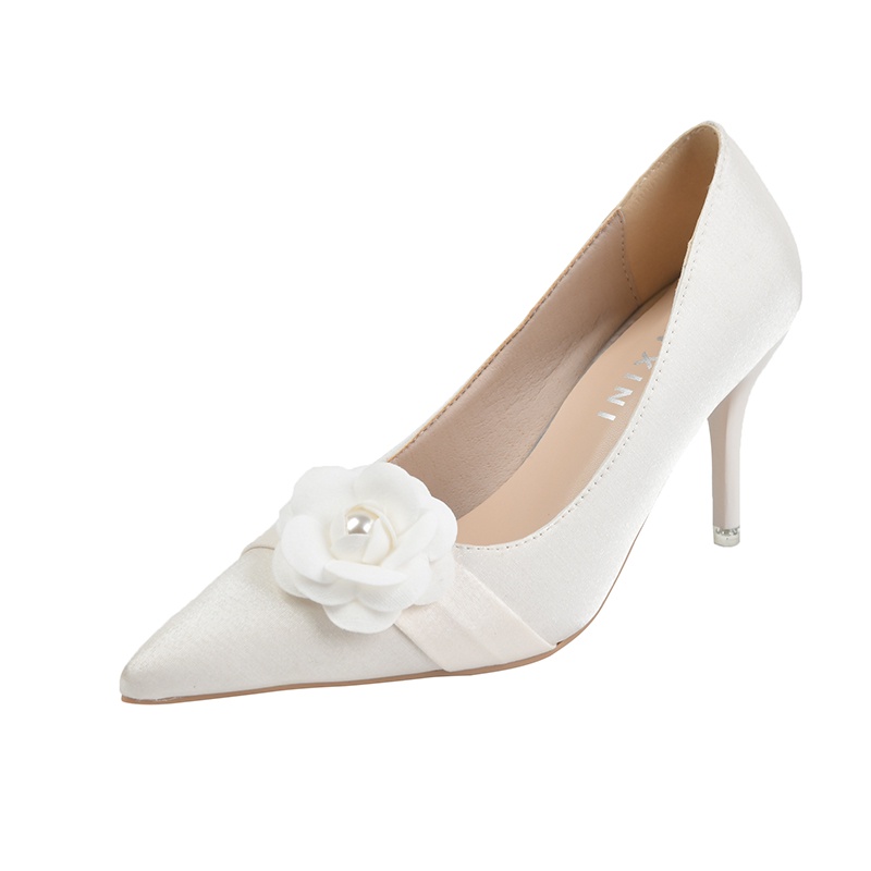 Giày Cao Gót 6cm 8cm Mũi Nhọn Vải satin Màu Trắng Phong Cách Pháp Thanh Lịch