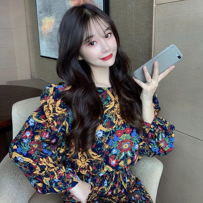 ❀☎Đầm Ngắn Nhấn Eo In Họa Tiết Hoa Phong Cách retro Pháp Thời Trang Xuân Thu Mới Cho Nữ 2022