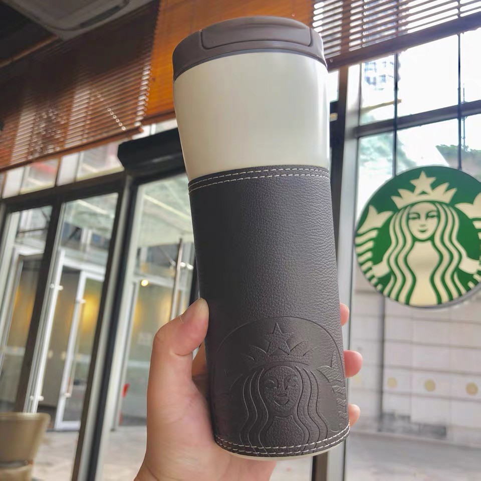 Bình giữ nhiệt Starbucks chính hãng bọc da màu nâu chống bám vân tay dung tích 500ml