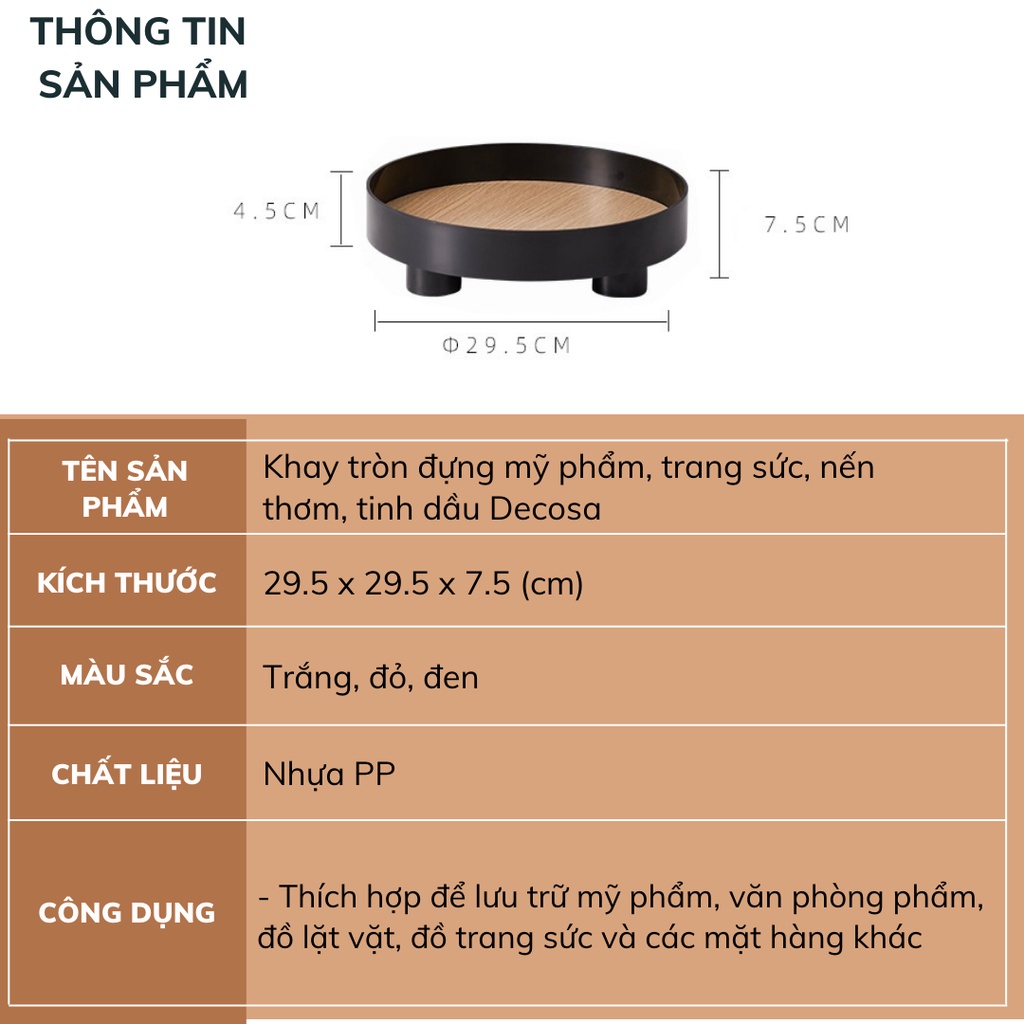 Khay tròn đựng mỹ phẩm, trang sức, nến thơm, tinh dầu Decosa