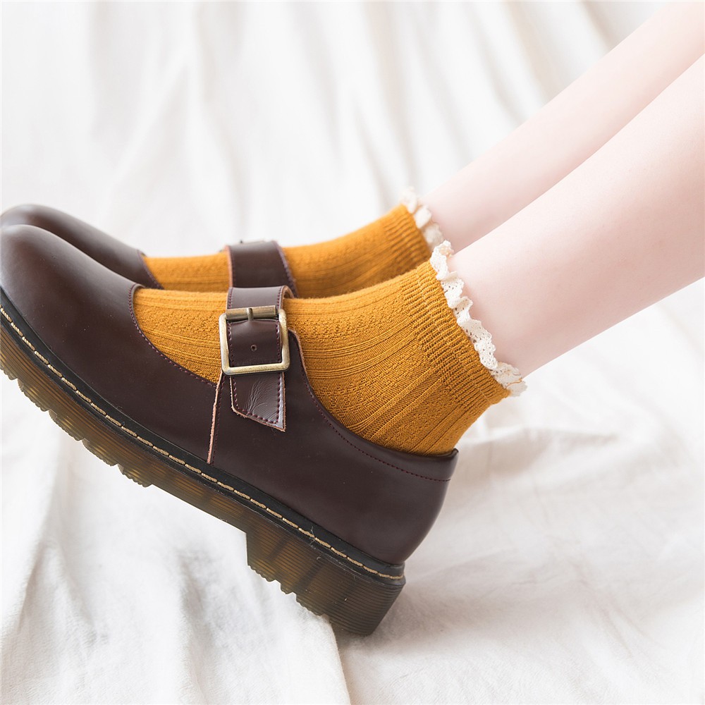 ❈Đôi vớ cotton màu trơn phối viền ren xinh xắn cho nữ