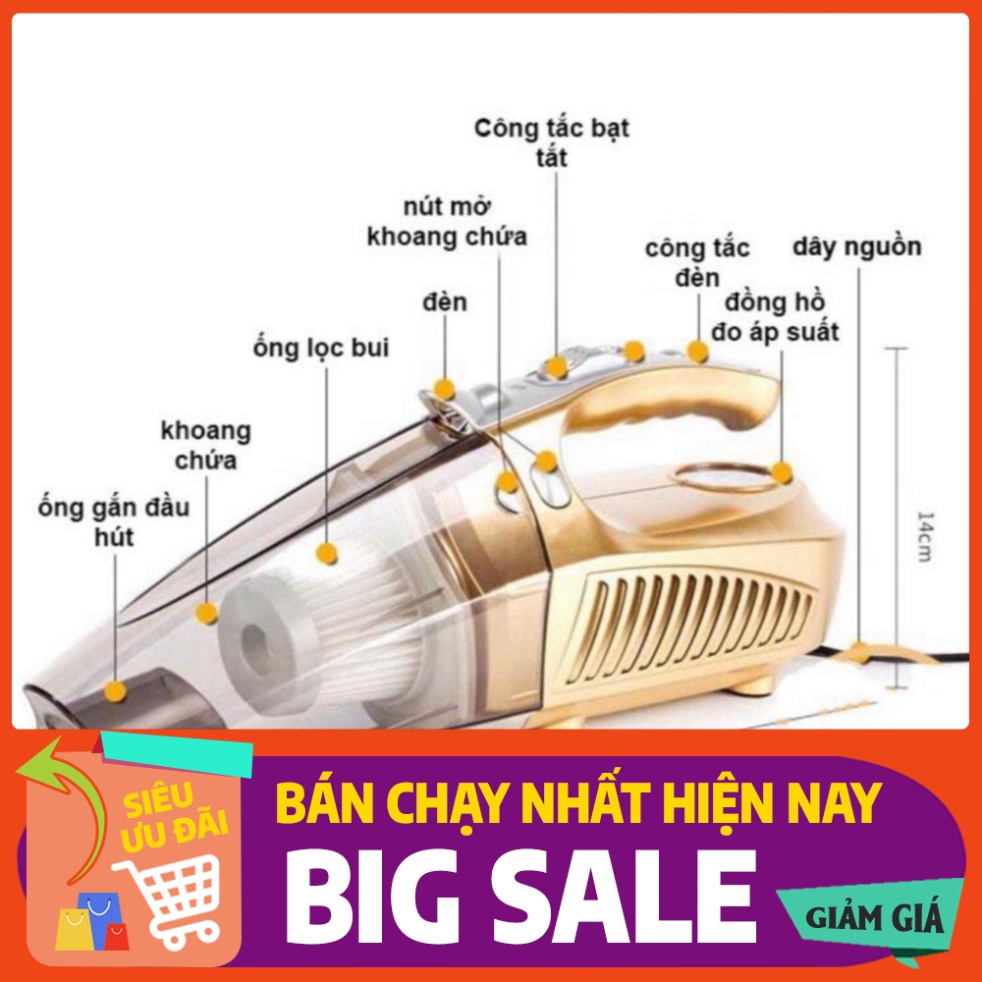 [FREE SHIP] 💥[CHÍNH HÃNG + FREE SHIP]💥 Máy Hút Bụi ô tô 4 in 1 Bơm Lốp Đo Áp Suất Và Đèn Pin Siêu Sáng BẢO HÀNH 1 NĂM�