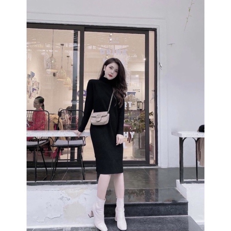Váy đầm suông chất len gân dày dặn co giãn 2 màu đen,nude -ĐS01