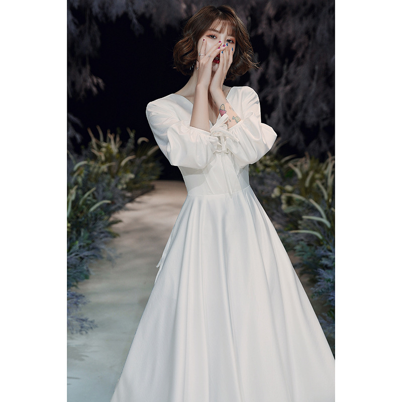 Satin wedding dress new white long sleeve host banquet simple evening dress female | BigBuy360 - bigbuy360.vn