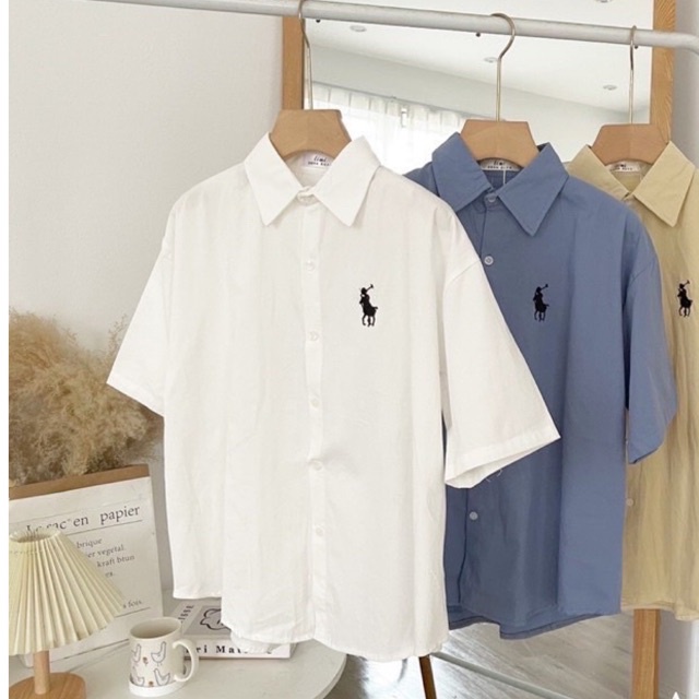 Áo sơ mi ngưa trơn thêu cộc tay/tho thêu