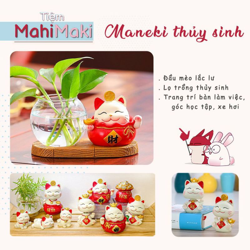 Bình thủy sinh mèo thần tài, tượng mèo thần tài trang trí bàn làm việc, xe hơi mang may mắn, tiền tài