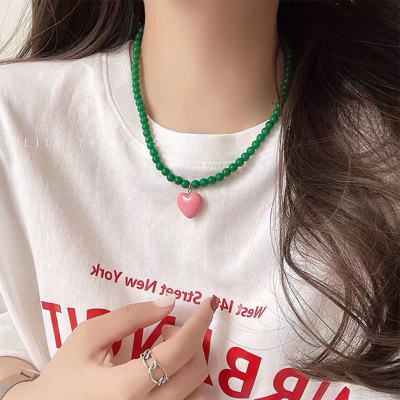 Vòng cổ Chuỗi Hạt Trái Tim Nhiều Màu Phong Cách Hàn Quốc