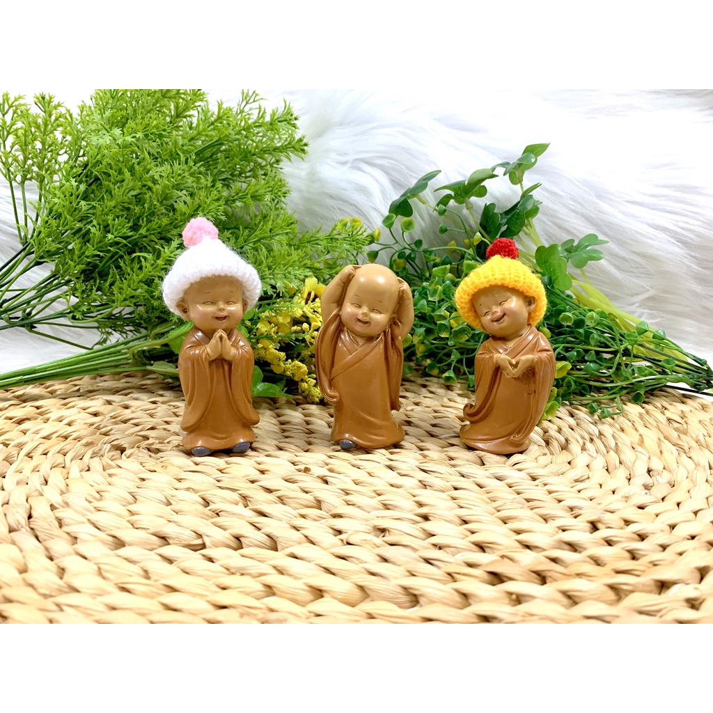 Bộ 3 tượng Chú Tiểu Ấn Độ Hoan Hỉ Tài Lộc Nón Len ( Hình Thật )
