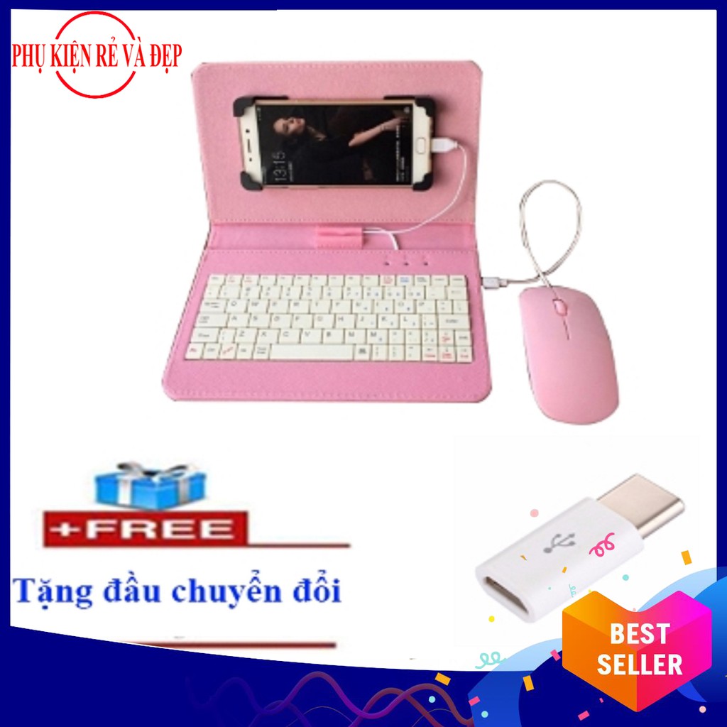 Combo bao da bàn phím kèm chuột + Đầu chuyển đổi Micro USB sang Type C