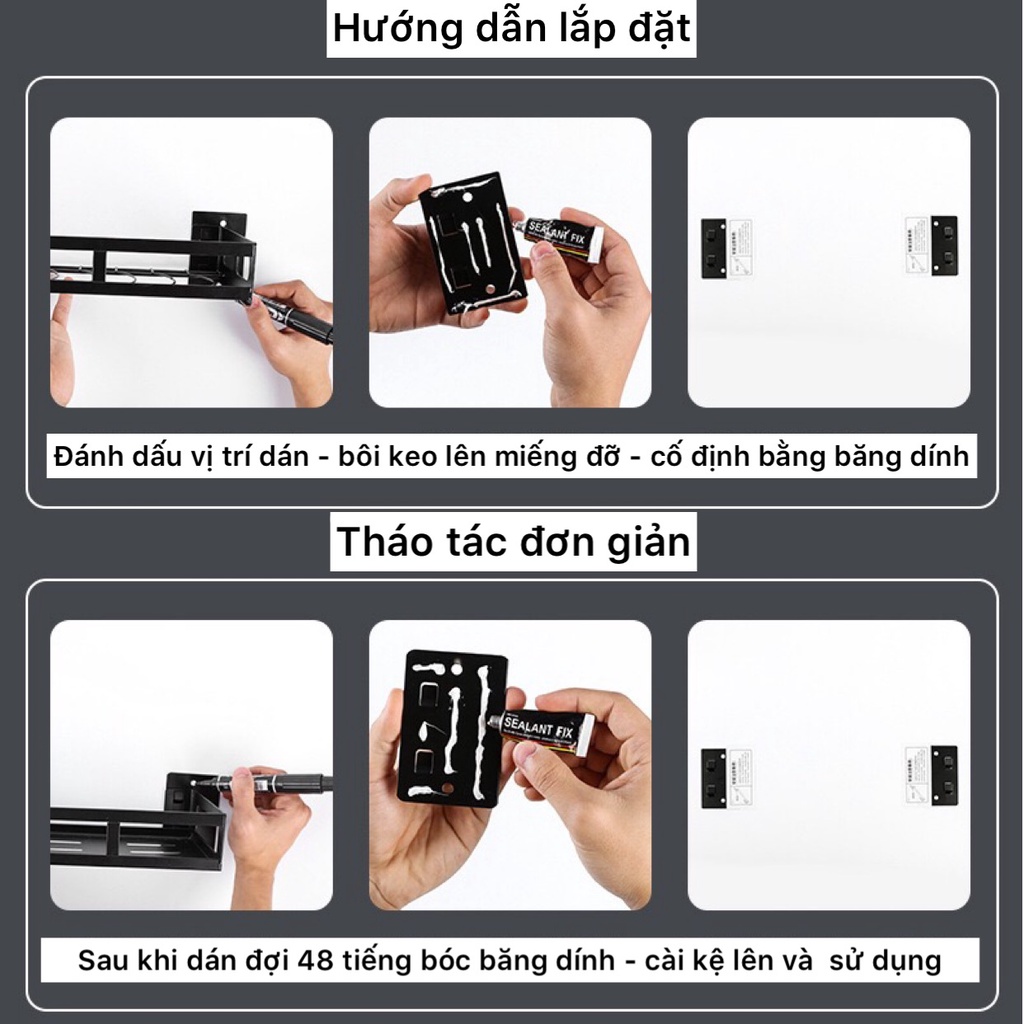 Bộ kệ nhà bếp dán tường inox Sơn tĩnh điện màu đen gồm kệ gia vị, kệ chén, giá để dao, kệ để thớt, móc treo muỗng | BigBuy360 - bigbuy360.vn