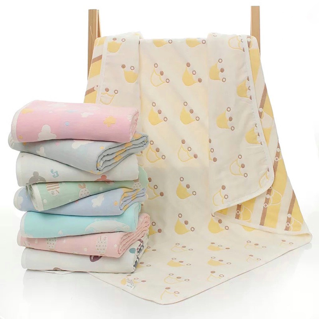 Chăn cho bé 6 lớp cotton muslin nhiều  họa tiết 2 mặt 110x110cm, hoa văn dê thương.