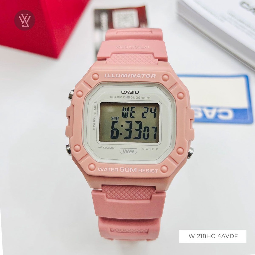 Đồng Hồ Điện Tử Unisex Casio WATCHSTORE W-218HC-4AVDF Thiết Kế Mặt Vuông 44mm, Dây Đeo Màu Hồng, Cá Tính