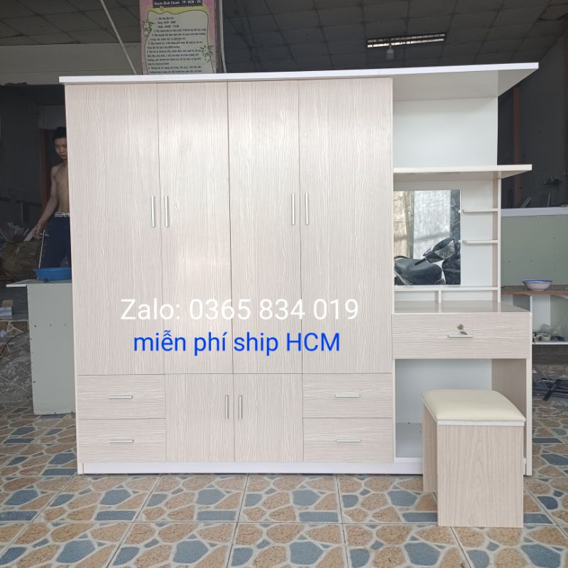 Tủ quần áo nhựa đài loan liền bàn trang điểm tặng kèm ghế nệm ngang 2m05 cao 1m8