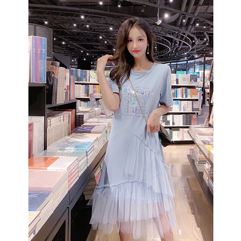 Đầm IELGY tay ngắn cổ tròn phối lưới mỏng thời trang cho nữ