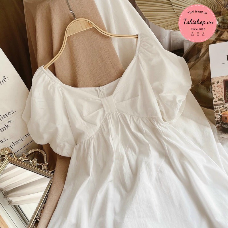 Váy nữ màu trắng đầm babydoll cổ V tay phồng hàng may 2 lớp siêu xinh | BigBuy360 - bigbuy360.vn