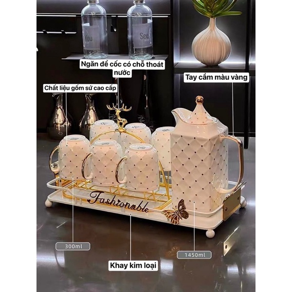 Bộ ấm chén gốm sứ phụ kiện cao cấp trang trí nhà cửa sang trọng.