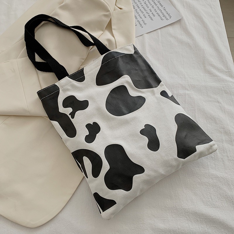 Túi Tote Đeo Vai Vải Canvas Họa Tiết Bò Sữa Dễ Thương Kiểu Nhật Bản